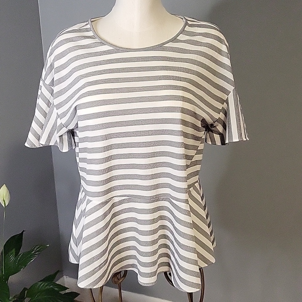 Ann Taylor Stretchy Flutter Sleeve Striped Pullover Top Size M